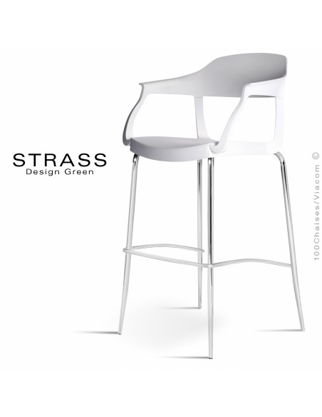 Tabouret de bar STRASS, assise plastique avec accoudoirs, piétement chromé - Lot de 4 pièces, assise couleur blanche.