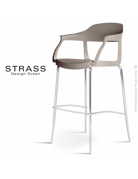 Tabouret de bar STRASS, assise plastique avec accoudoirs, piétement chromé - Lot de 4 pièces, assise couleur gris tourterelle.
