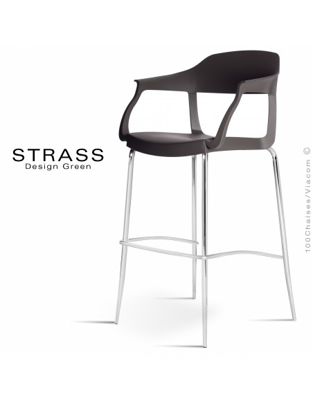 Tabouret de bar STRASS, assise plastique avec accoudoirs, piétement chromé - Lot de 4 pièces, assise couleur noire.