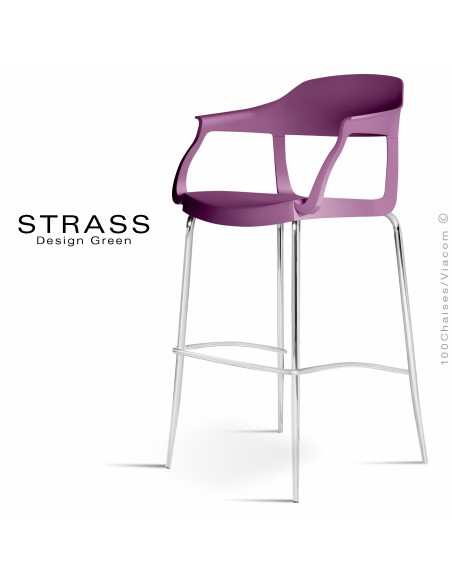 Tabouret de bar STRASS, assise plastique avec accoudoirs, piétement chromé - Lot de 4 pièces, assise couleur prune.