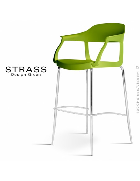 Tabouret de bar STRASS, assise plastique avec accoudoirs, piétement chromé - Lot de 4 pièces, assise couleur verte.
