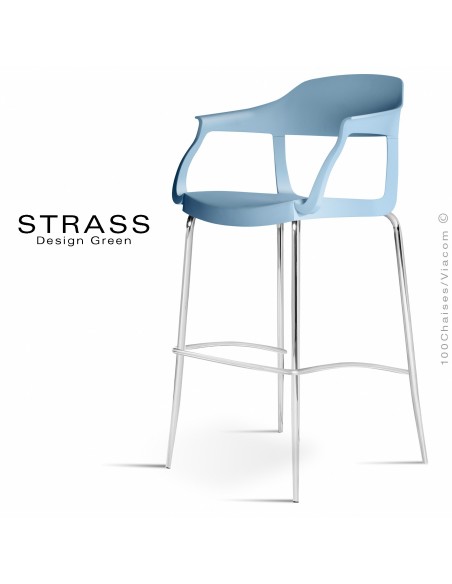 Tabouret de bar STRASS, assise plastique avec accoudoirs, piétement chromé - Lot de 4 pièces, assise couleur bleu Pacifique.