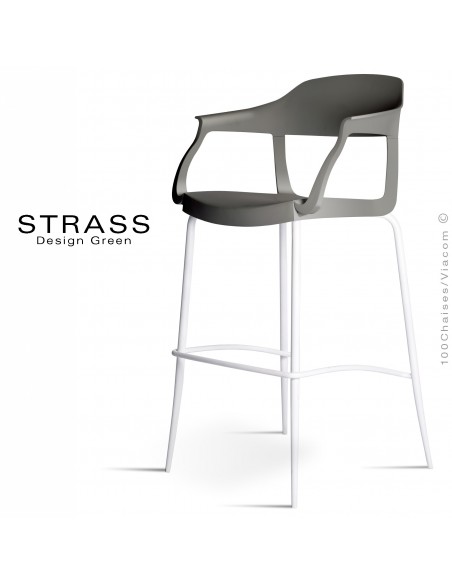 Tabouret de bar STRASS, assise plastique avec accoudoirs, piétement peint blanc - Lot de 4 pièces, assise couleur anthracite.