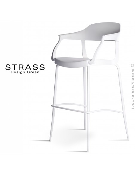 Tabouret de bar STRASS, assise plastique avec accoudoirs, piétement peint blanc - Lot de 4 pièces, assise couleur blanche.