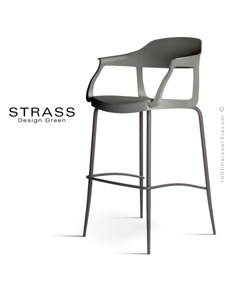 Tabouret de bar STRASS, assise plastique avec accoudoirs, piétement peint anthracite, assise couleur anthracite.