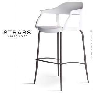 Tabouret de bar STRASS, assise plastique avec accoudoirs, piétement peint anthracite, assise couleur blanche.