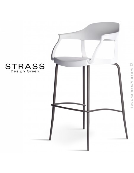 Tabouret de bar STRASS, assise plastique avec accoudoirs, piétement peint anthracite, assise couleur blanche.