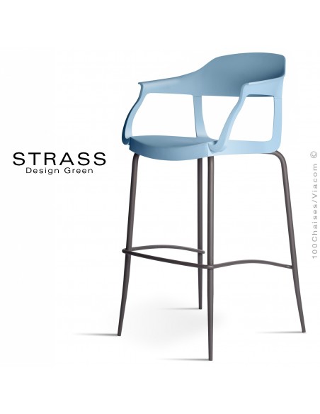 Tabouret de bar STRASS, assise plastique avec accoudoirs, piétement peint anthracite, assise couleur bleu Pacifique.