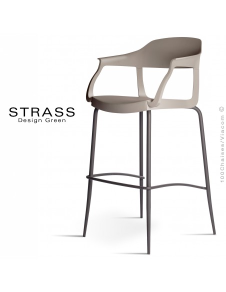 Tabouret de bar STRASS, assise plastique avec accoudoirs, piétement peint anthracite, assise couleur gris tourterelle.