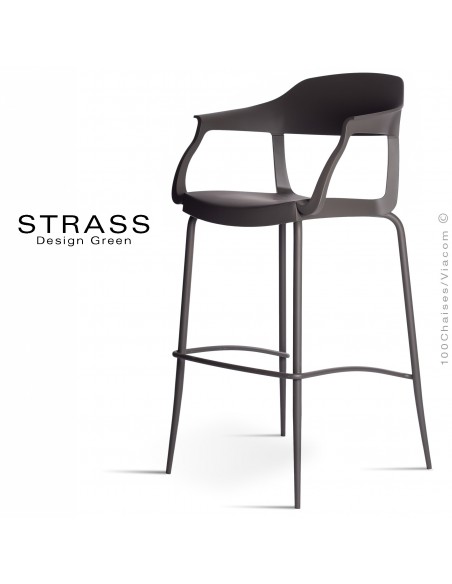 Tabouret de bar STRASS, assise plastique avec accoudoirs, piétement peint anthracite, assise couleur noire.