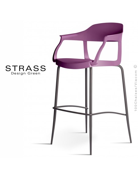 Tabouret de bar STRASS, assise plastique avec accoudoirs, piétement peint anthracite, assise couleur prune.