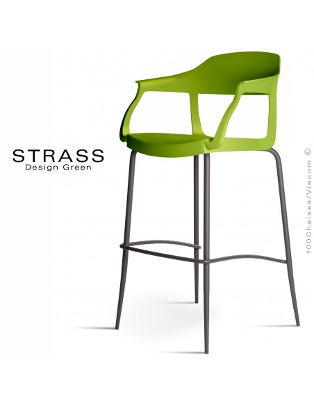 Tabouret de bar STRASS, assise plastique avec accoudoirs, piétement peint anthracite, assise couleur verte.