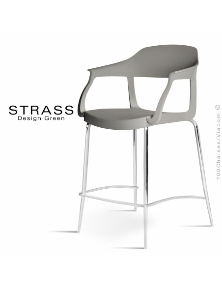 Tabouret de cuisine STRASS, assise plastique avec accoudoirs, piétement chromé - Assise couleur anthracite.