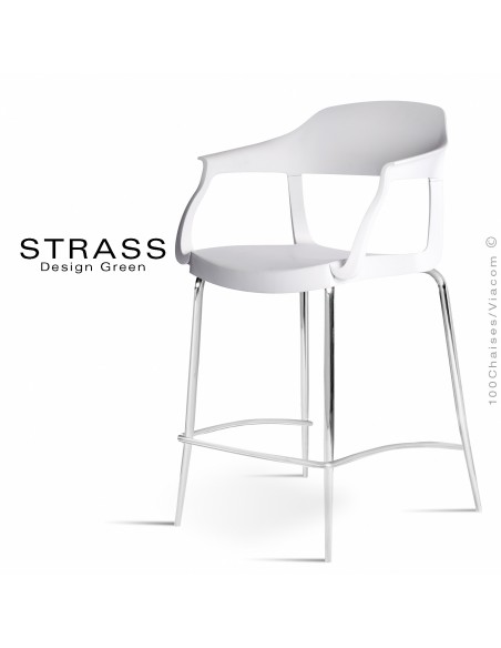 Tabouret de cuisine STRASS, assise plastique avec accoudoirs, piétement chromé - Assise couleur blanche.