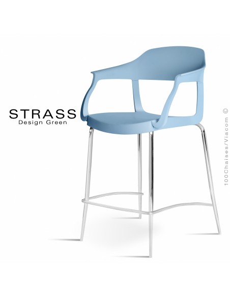 Tabouret de cuisine STRASS, assise plastique avec accoudoirs, piétement chromé - Assise couleur bleu Pacifique.