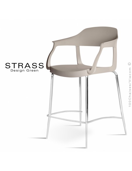 Tabouret de cuisine STRASS, assise plastique avec accoudoirs, piétement chromé - Assise couleur gris tourterelle.