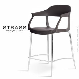 Tabouret de cuisine STRASS, assise plastique avec accoudoirs, piétement chromé - Assise couleur noir.