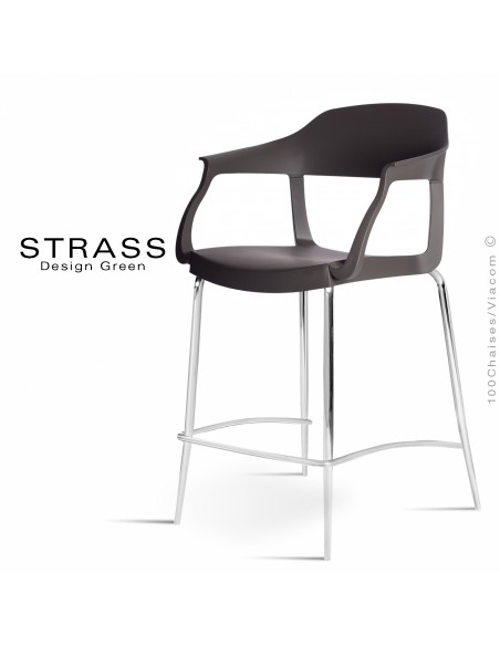 Tabouret de cuisine STRASS, assise plastique avec accoudoirs, piétement chromé - Assise couleur noir.