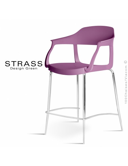 Tabouret de cuisine STRASS, assise plastique avec accoudoirs, piétement chromé - Assise couleur prune.