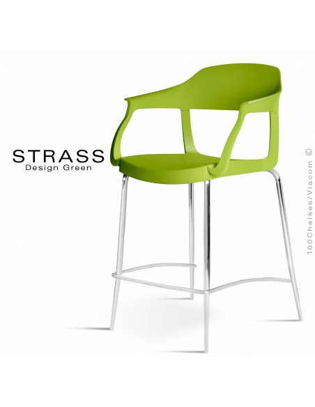 Tabouret de cuisine STRASS, assise plastique avec accoudoirs, piétement chromé - Assise couleur verte.