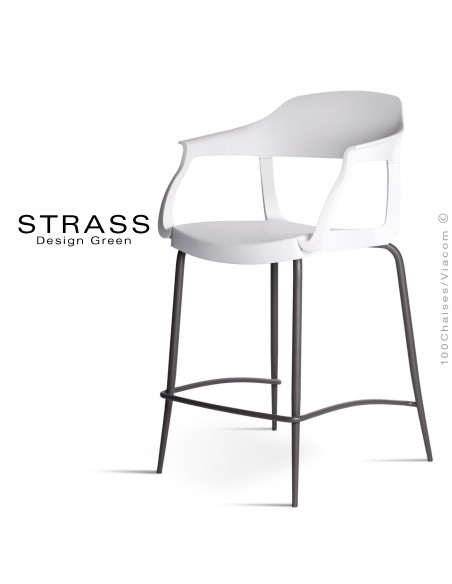 Tabouret de cuisine STRASS, assise plastique avec accoudoirs, piétement peint anthracite, assise couleur blanche.