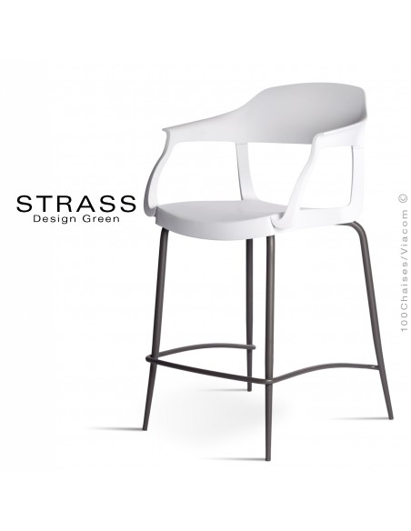 Tabouret de cuisine STRASS, assise plastique avec accoudoirs, piétement peint anthracite, assise couleur blanche.