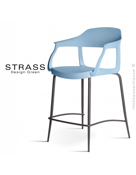 Tabouret de cuisine STRASS, assise plastique avec accoudoirs, piétement peint anthracite, assise couleur bleu Pacifique.