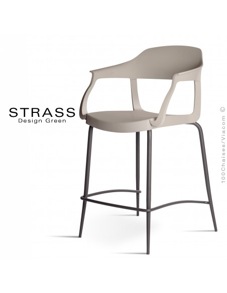 Tabouret de cuisine STRASS, assise plastique avec accoudoirs, piétement peint anthracite, assise couleur gris tourterelle.