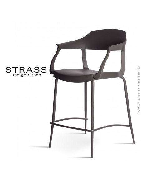 Tabouret de cuisine STRASS, assise plastique avec accoudoirs, piétement peint anthracite, assise couleur noire.