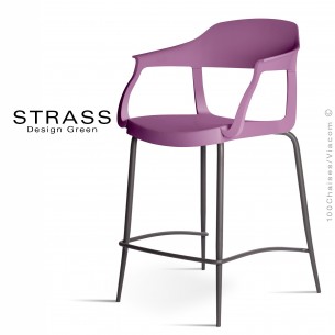 Tabouret de cuisine STRASS, assise plastique avec accoudoirs, piétement peint anthracite, assise couleur prune.