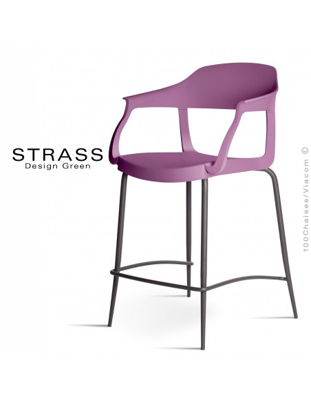 Tabouret de cuisine STRASS, assise plastique avec accoudoirs, piétement peint anthracite, assise couleur prune.
