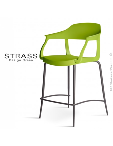 Tabouret de cuisine STRASS, assise plastique avec accoudoirs, piétement peint anthracite, assise couleur verte.