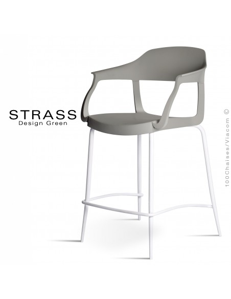 Tabouret de cuisine STRASS, assise plastique avec accoudoirs, piétement peint blanc, assise couleur anthracite.