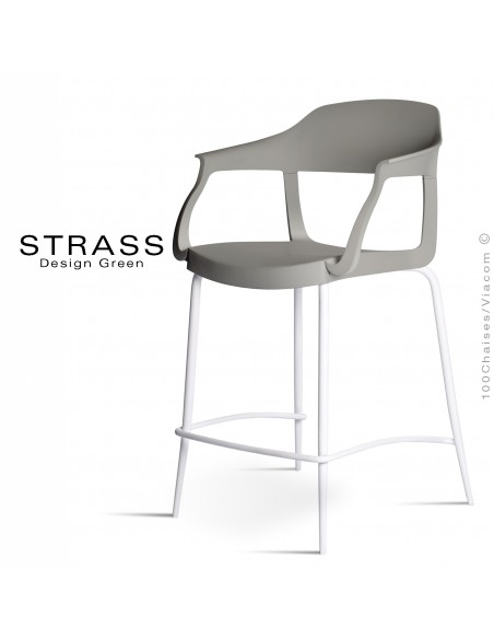 Tabouret de cuisine STRASS, assise plastique avec accoudoirs, piétement peint blanc, assise couleur anthracite.
