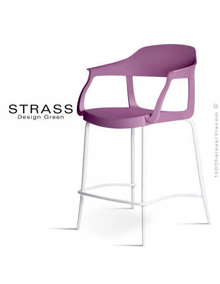 Tabouret de cuisine STRASS, assise plastique avec accoudoirs, piétement peint blanc, assise couleur prune.