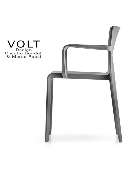 Fauteuil plastique pour terrasse et restaurant VOLT, structure polypropylène de couleur gris foncé.