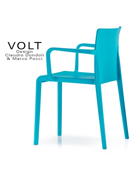 Fauteuil plastique pour terrasse et restaurant VOLT, structure polypropylène de couleur bleu.