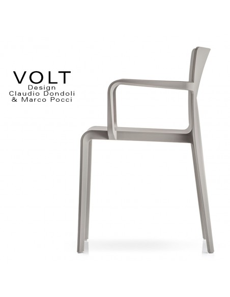 Fauteuil plastique pour terrasse et restaurant VOLT, structure polypropylène de couleur gris clair ou sable.