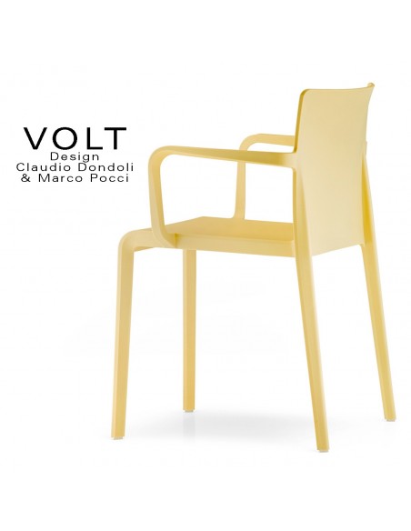 Fauteuil plastique pour terrasse et restaurant VOLT, structure polypropylène de couleur jaune.