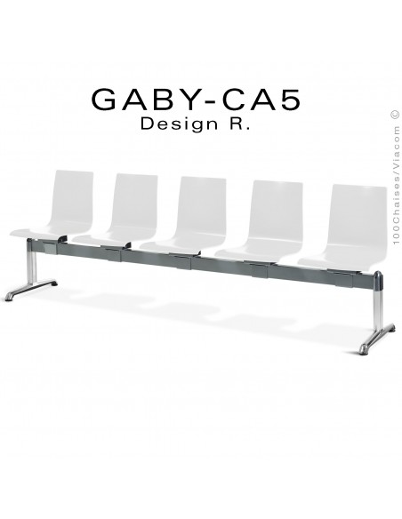 Banc ou assise sur poutre GABY pour salle d'attente, cinq places assises blanches, piétement aluminium