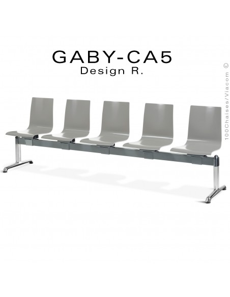 Banc ou assise sur poutre GABY pour salle d'attente, cinq places assises grises, piétement aluminium