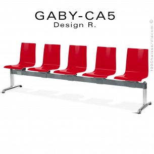 Banc ou assise sur poutre GABY pour salle d'attente, cinq places assises rouges, piétement aluminium