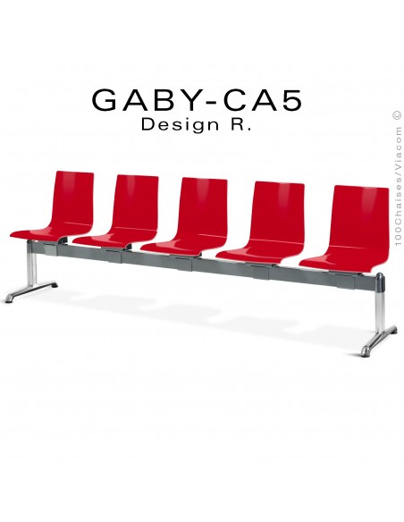 Banc ou assise sur poutre GABY pour salle d'attente, cinq places assises rouges, piétement aluminium
