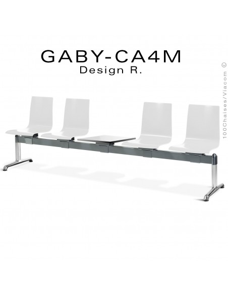 Banc ou assise sur poutre GABY pour salle d'attente, quatre places blanche avec porte revues, piétement aluminium.