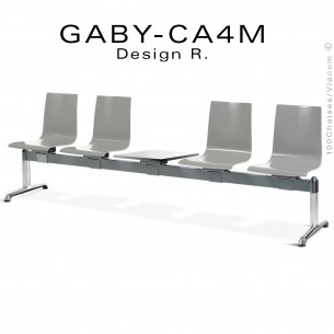 Banc ou assise sur poutre GABY pour salle d'attente, quatre places grise avec porte revues, piétement aluminium.