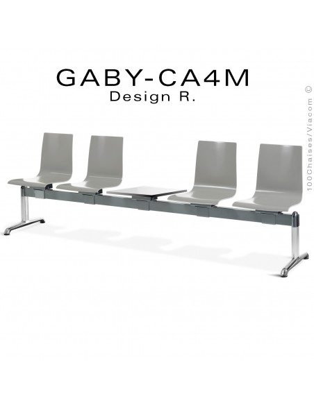 Banc ou assise sur poutre GABY pour salle d'attente, quatre places grise avec porte revues, piétement aluminium.