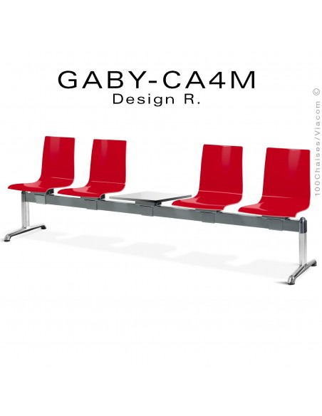 Banc ou assise sur poutre GABY pour salle d'attente, quatre places rouge avec porte revues, piétement aluminium.
