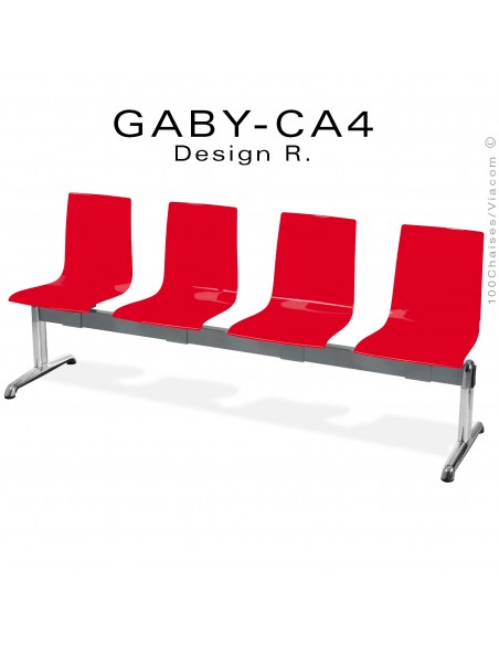 Banc ou assise sur poutre GABY pour salle d'attente, quatre places rouge, piétement aluminium.
