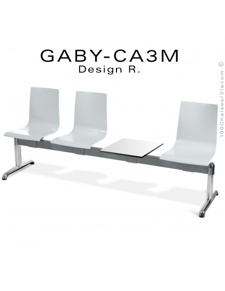 Banc ou assise sur poutre GABY pour salle d'attente avec porte revues, trois places blanche, piétement aluminium.