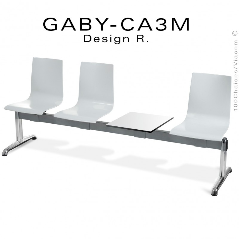 Banc ou assise sur poutre GABY pour salle d'attente avec porte revues, trois places blanche, piétement aluminium.